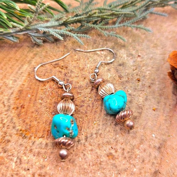 Beautiful Nature Turquoise Raw Stone Sterling S925 Dangle Earring - Picture 2 of 10